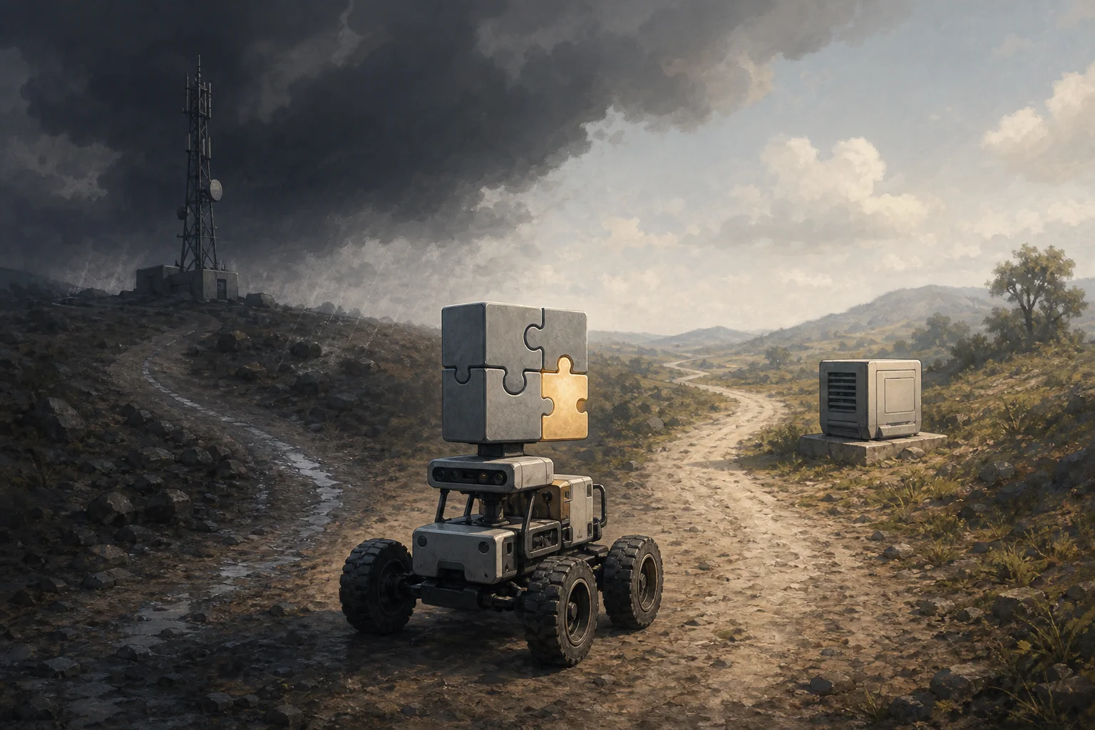 AI-generated story-specific editorial illustration for Modular robot intelligence still has to meet the routing test.