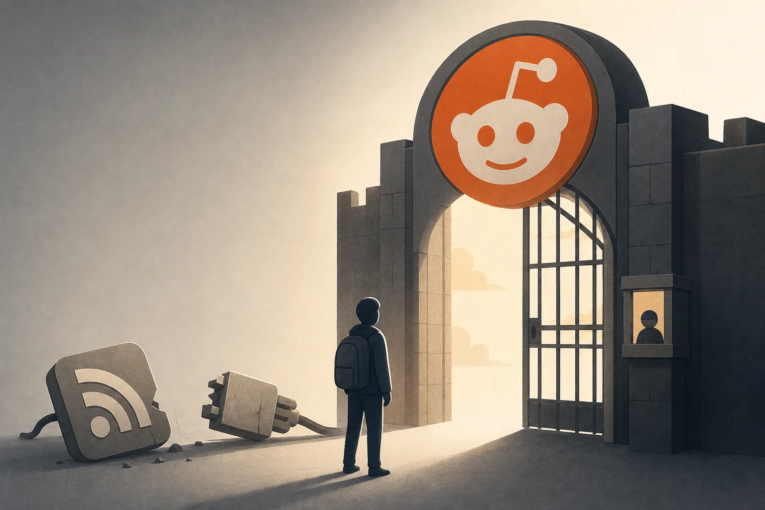AI-generated story-specific editorial illustration for Reddit’s anti-scraping shift turns open access into an account, registration and licensing problem.
