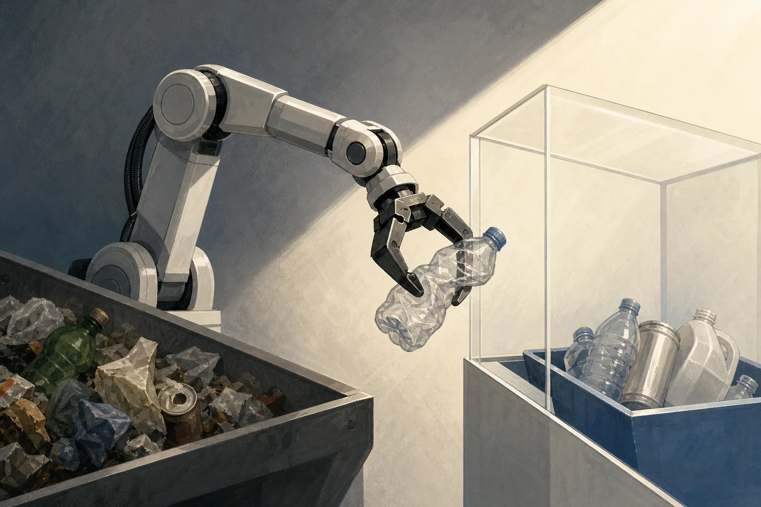 AI-generated story-specific editorial illustration for Danu’s recycling-robot promise faces the proof challenge NORAH is built to test.
