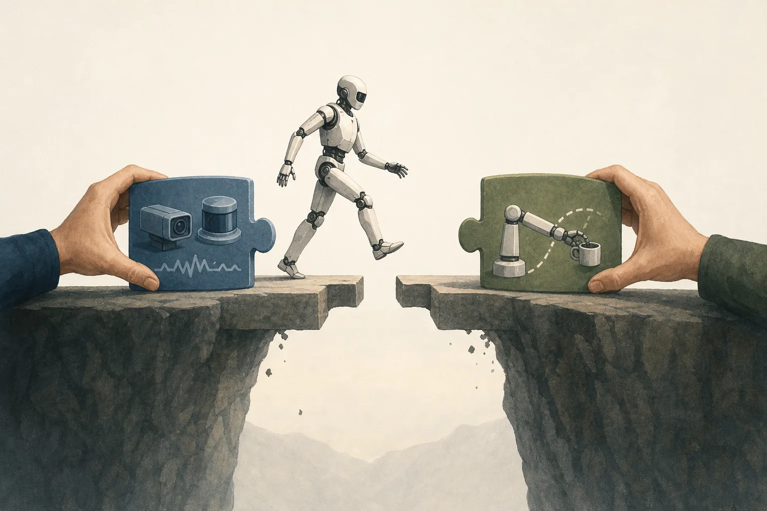 AI-generated story-specific editorial illustration for Physical AI Has Two Bottlenecks: Finding the Right Robot Data and Making Synthetic Motion Reachable.