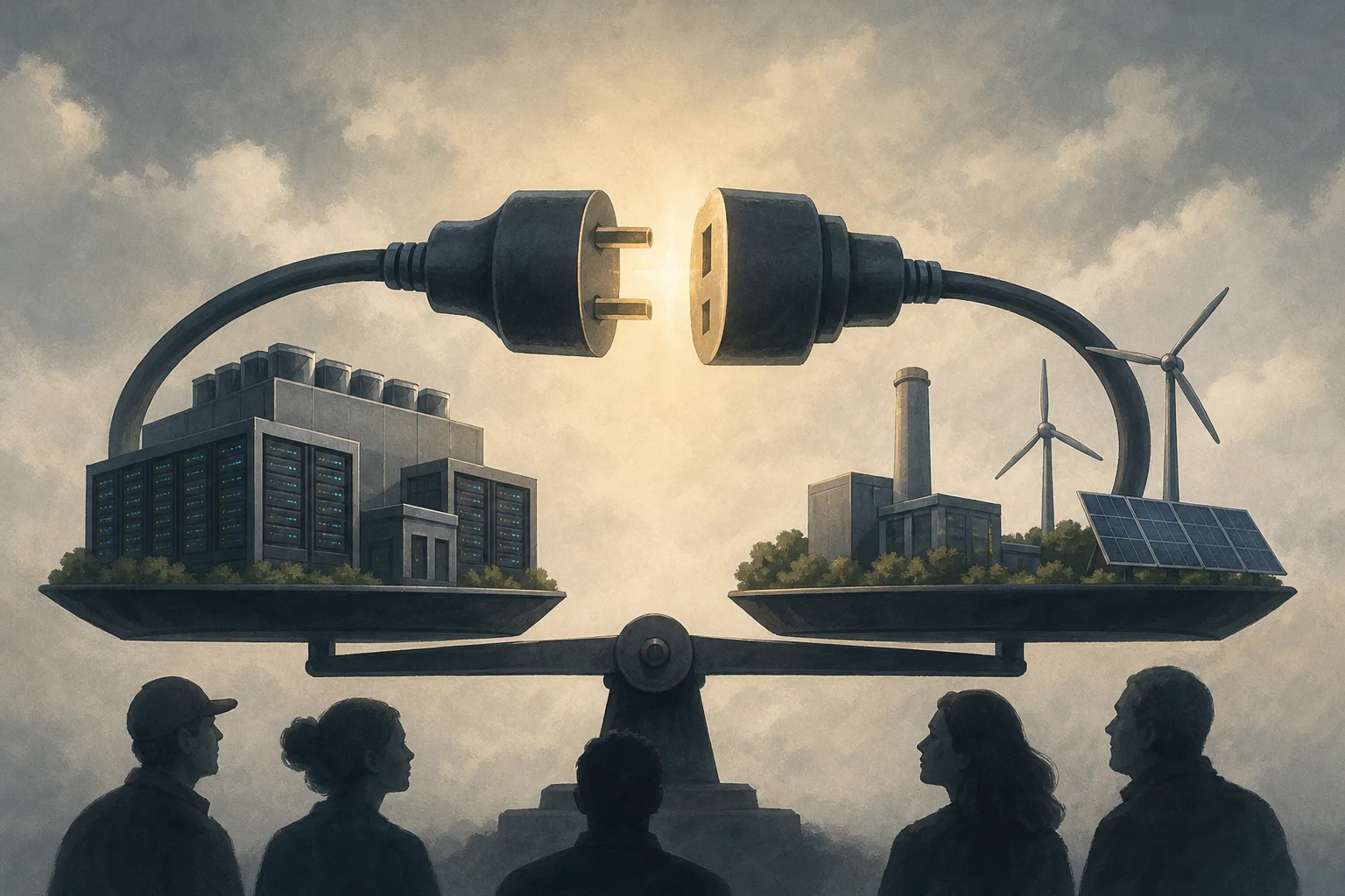 AI-generated story-specific editorial illustration for AI’s Power Problem Is Moving From Data-Center Siting to Grid Cost Rules.
