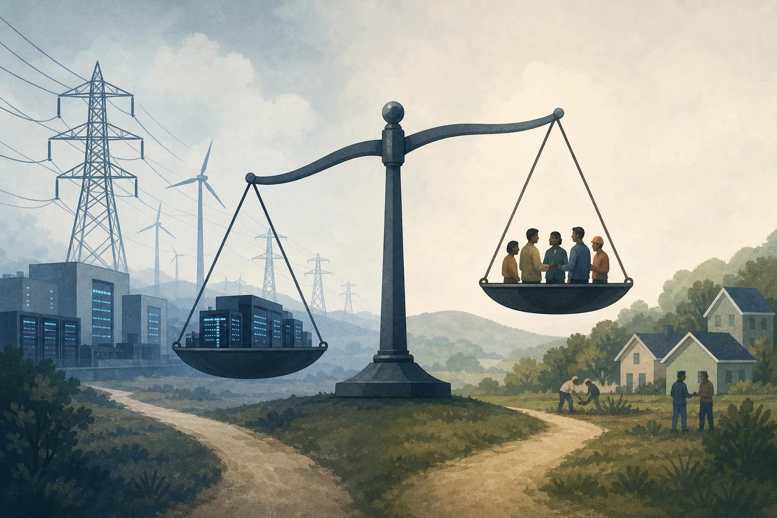 AI-generated story-specific editorial illustration for Faster energy permits could ease AI’s power constraint without settling its community bargain.