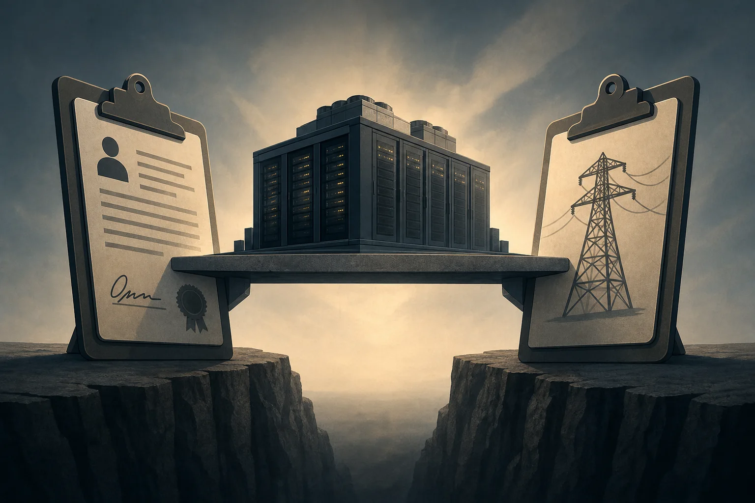 AI-generated story-specific editorial illustration for AI capacity now faces two underwriting tests: contract quality and power that can actually respond.