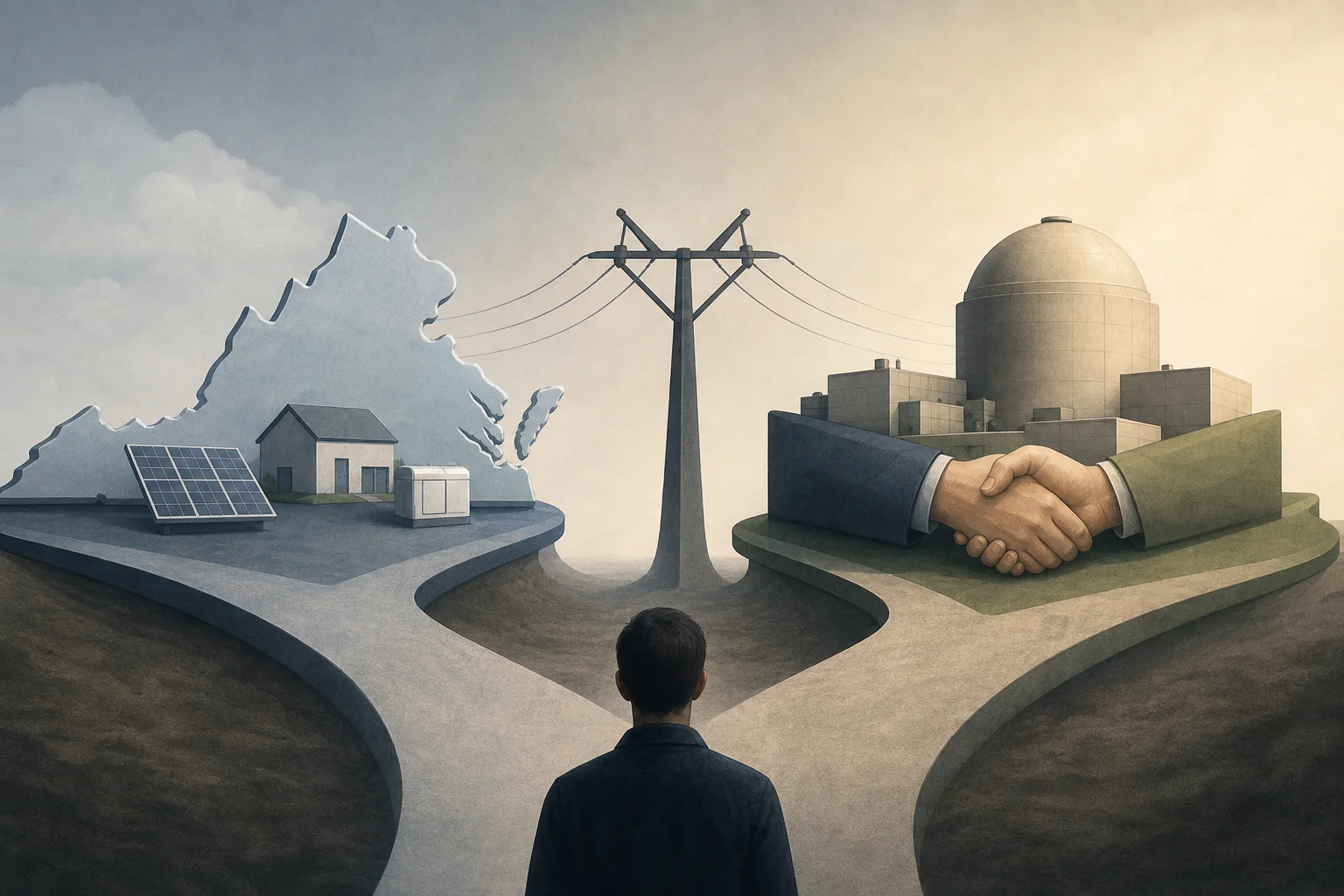 AI-generated story-specific editorial illustration for AI Power’s Payment Question: Virginia Plans the Grid While Amazon Buys Nuclear Certainty.