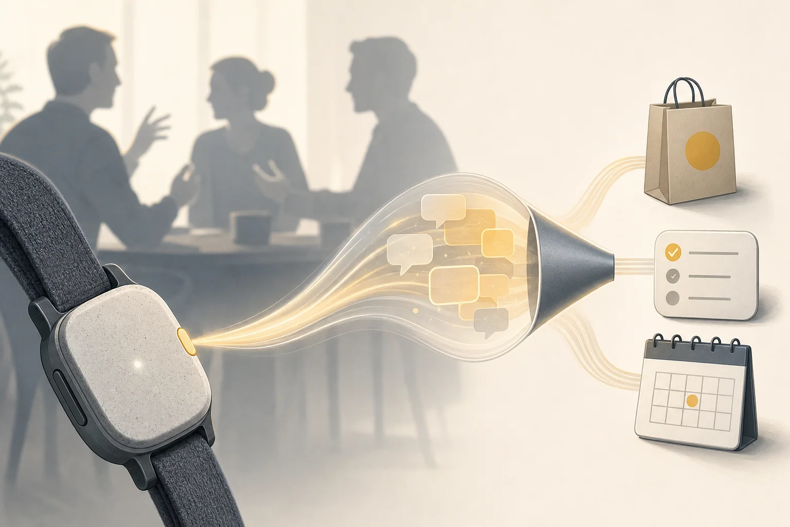 AI-generated story-specific editorial illustration for Amazon’s Bee devices turn ambient conversation into a shopping and productivity input.