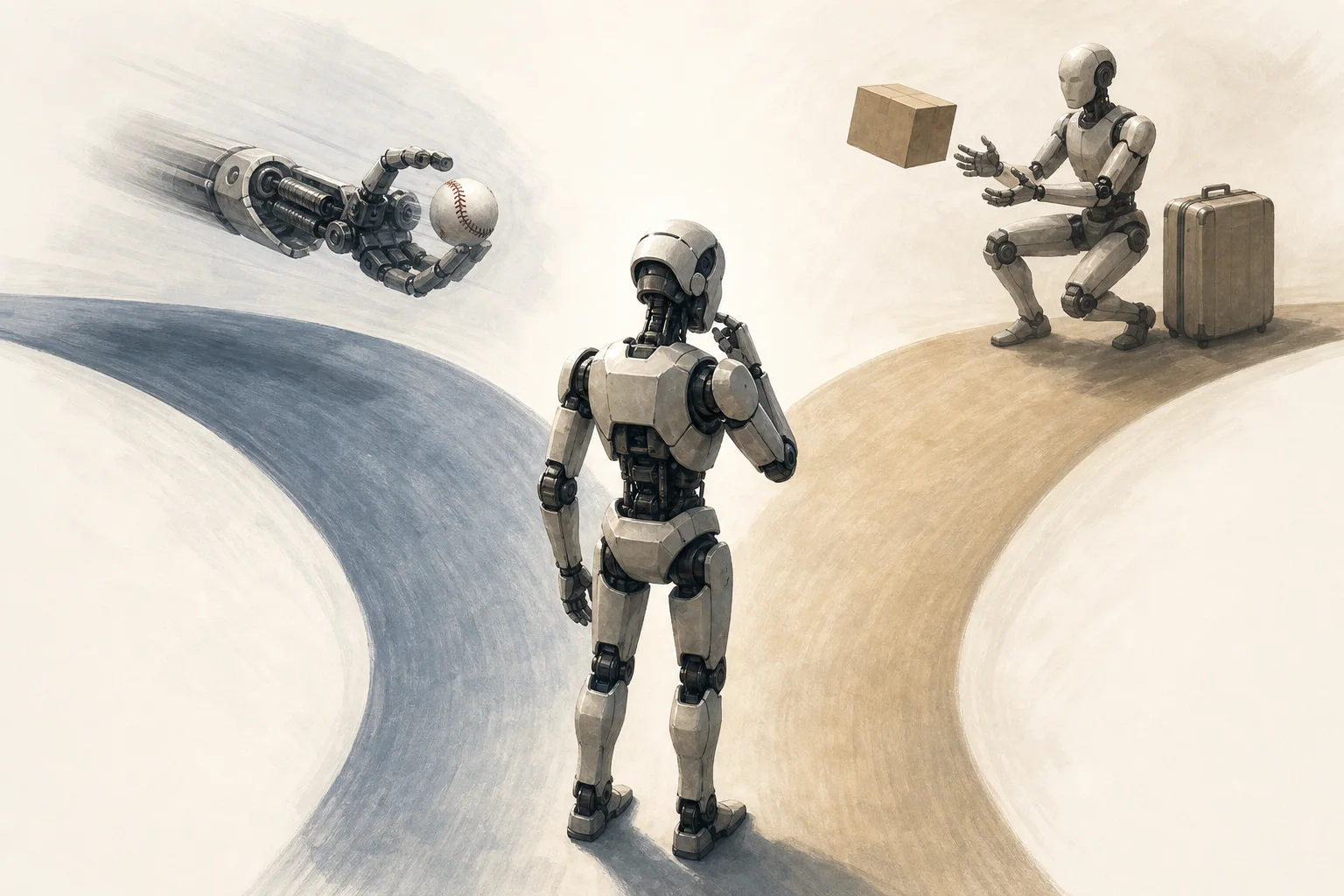 AI-generated story-specific editorial illustration for Agile robot manipulation is splitting into a mechanics path and a whole-body learning path.