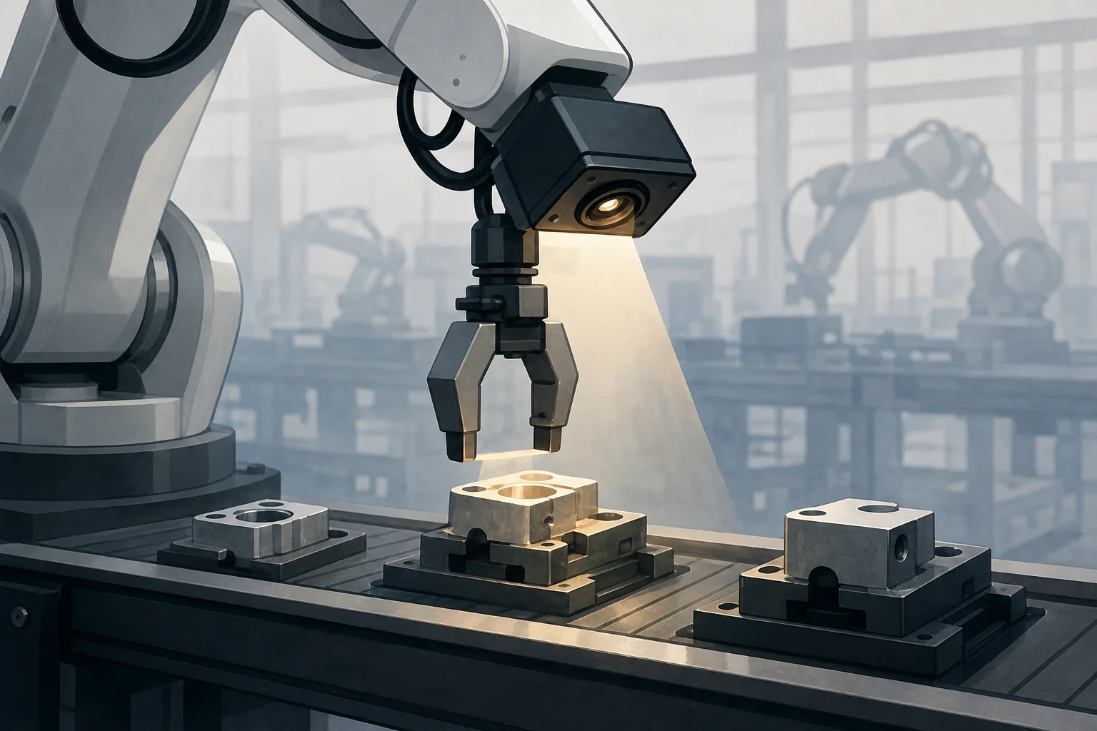 AI-generated story-specific editorial illustration for Inbolt’s New Funding Tests Whether Robot Vision Can Become a Retrofit Layer for Factory Automation.