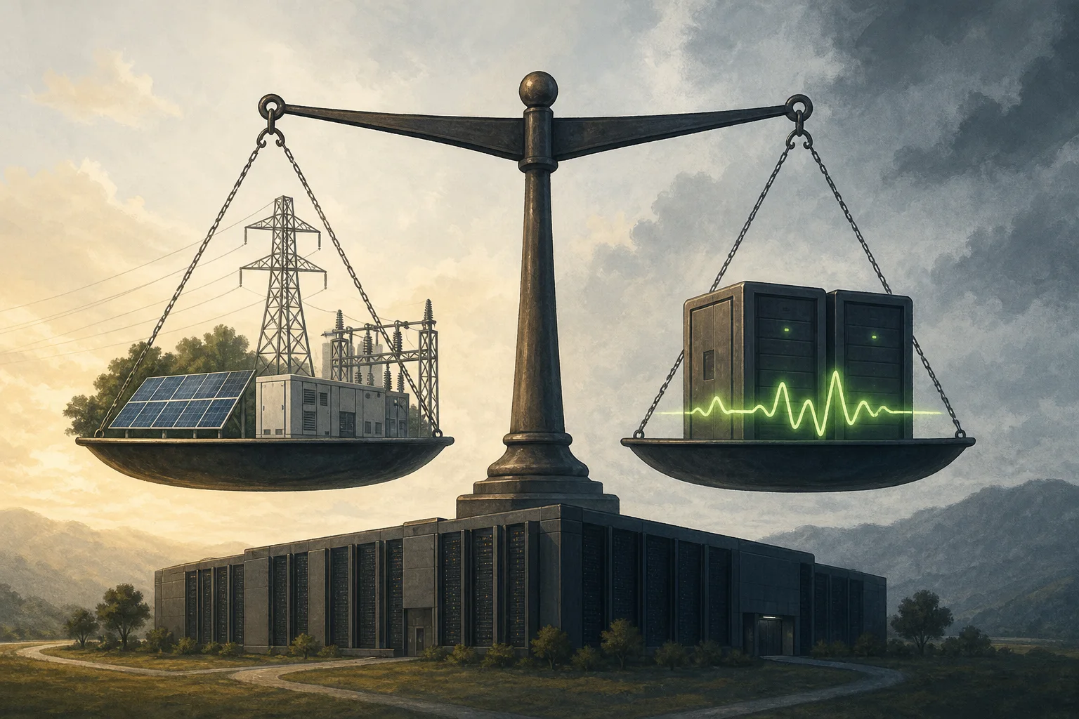 AI-generated story-specific editorial illustration for Data-center power is shifting from a utility buildout to a grid-behavior obligation.