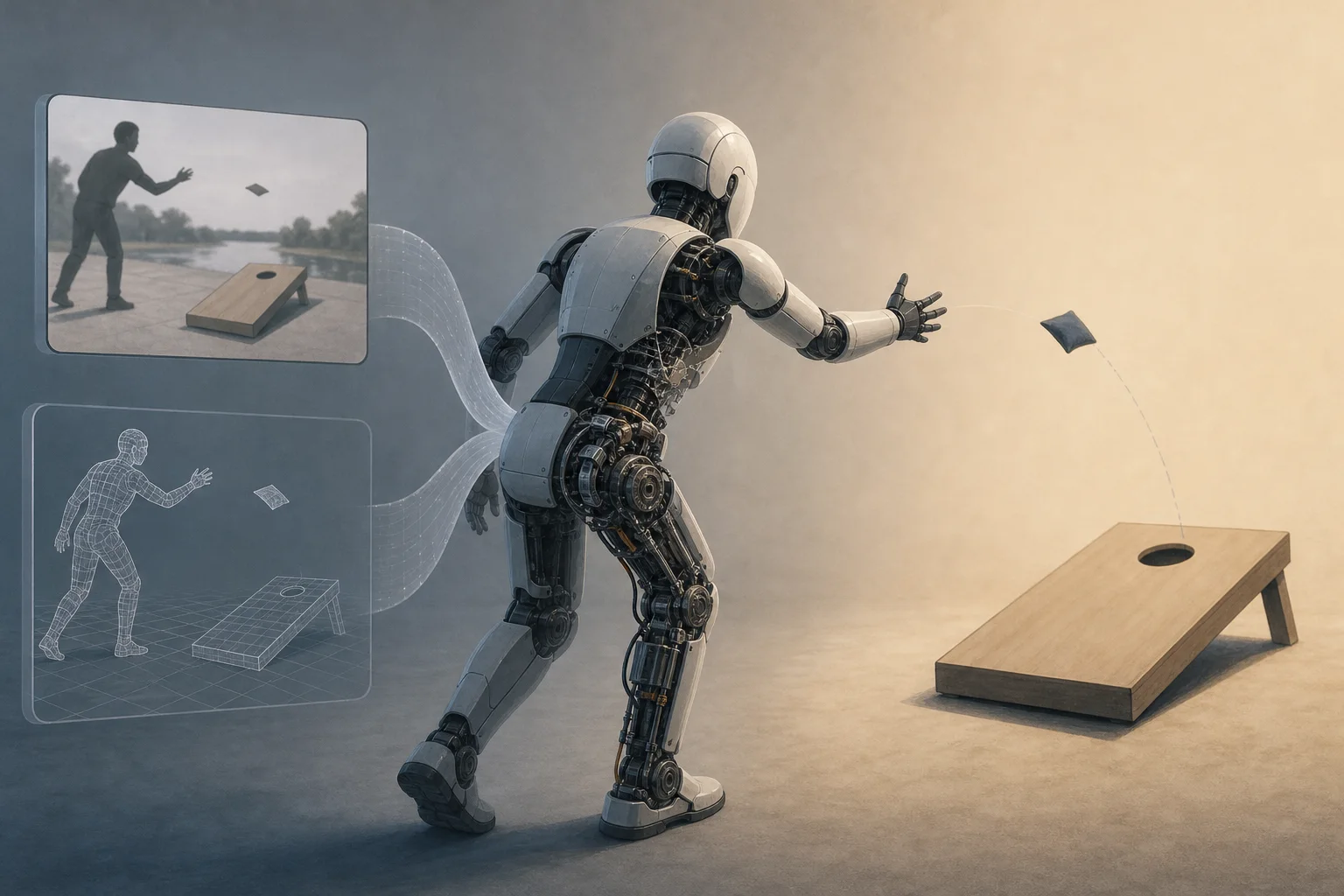 AI-generated story-specific editorial illustration for Open Humanoid Hardware Meets Video-Built Simulation: The Missing Test Is Whether Either Workflow Transfers.