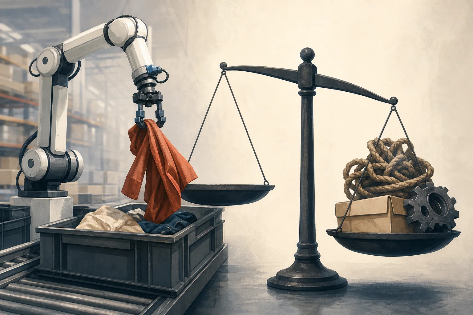 AI-generated story-specific editorial illustration for A live returns-robot rollout raises the bar for warehouse AI buyers.