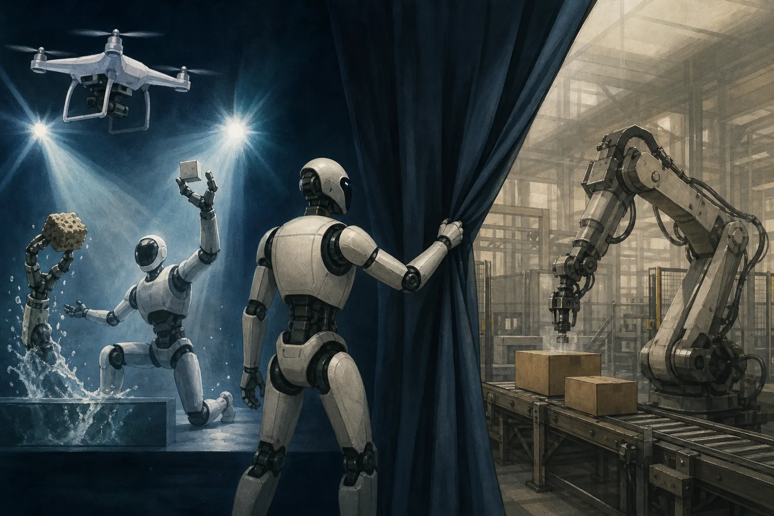 AI-generated story-specific editorial illustration for Installed Robots Set a Harder Commercial Test Than a Viral Demo.