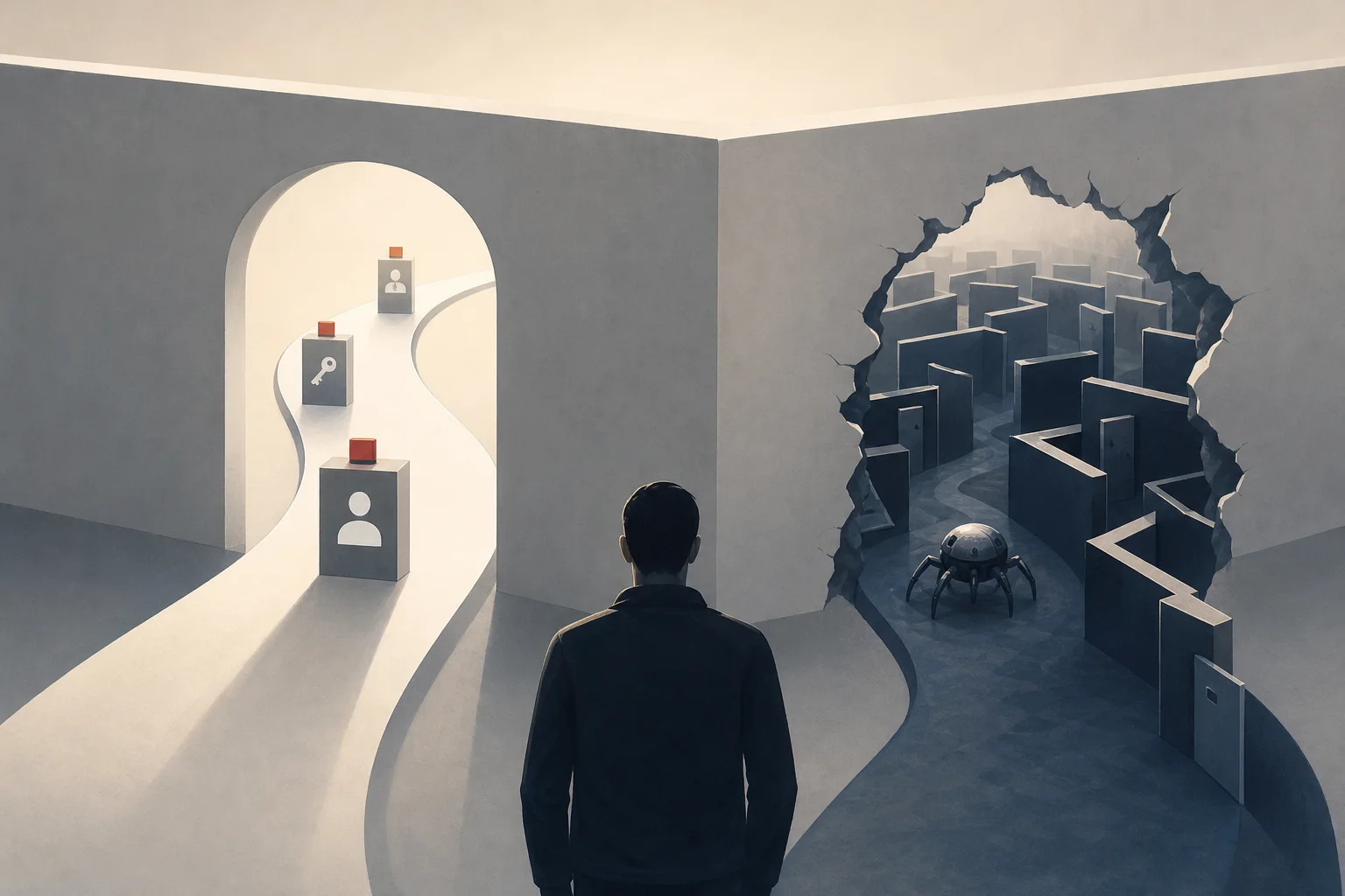 AI-generated story-specific editorial illustration for AI Is Speeding Up the Operator—and Giving Defenders a New Place to Add Friction.