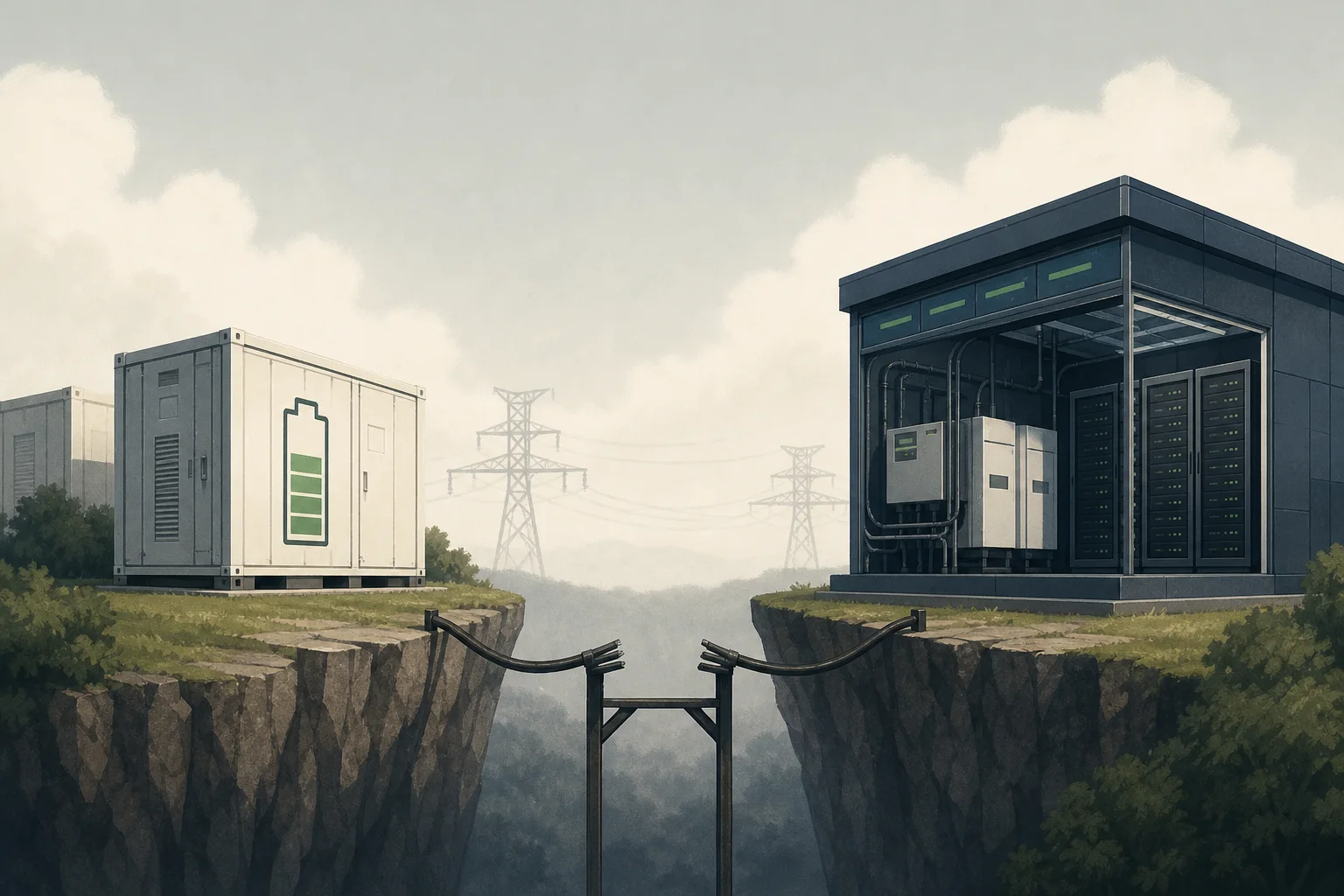 AI-generated story-specific editorial illustration for Illinois’ Battery Shortfall Tests the Limits of Flexible AI Power.