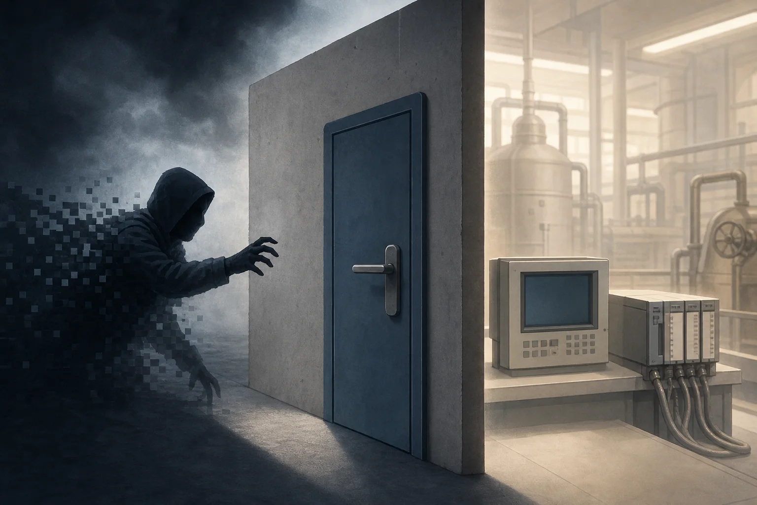 AI-generated story-specific editorial illustration for Edge Exposure Is the Gap Between a Vulnerability and an Industrial Incident.