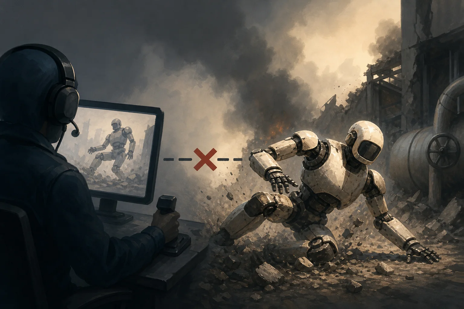 AI-generated story-specific editorial illustration for Shared autonomy meets safety architecture: the unproven path from hazardous-work demos to humanoid deployment.