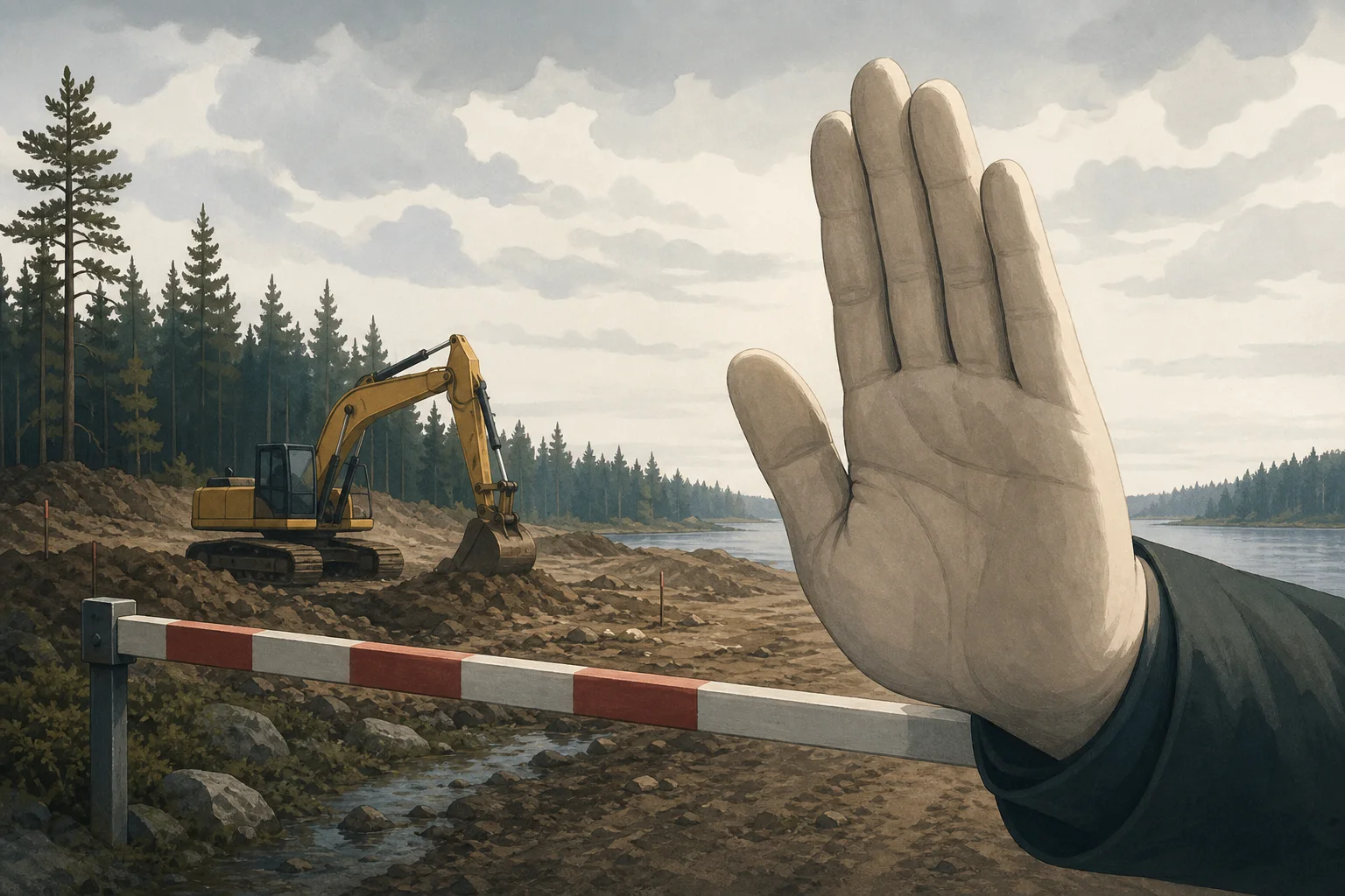 AI-generated story-specific editorial illustration for Google’s Finland data-centre pause turns site preparation into an AI infrastructure risk.
