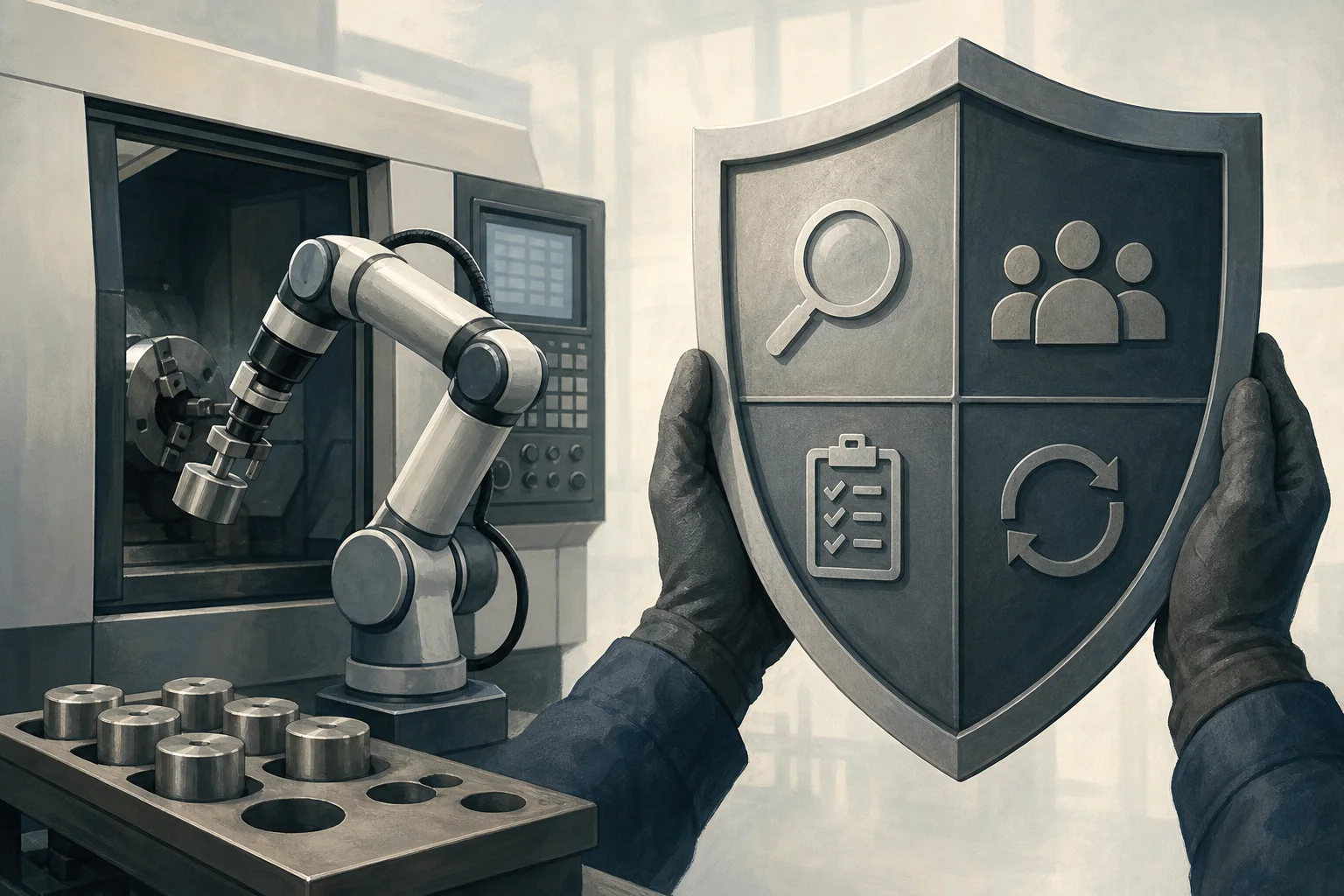 AI-generated story-specific editorial illustration for OB7-AI’s Factory Promise Runs Into the Harder Work of Safe, Repeatable Use.