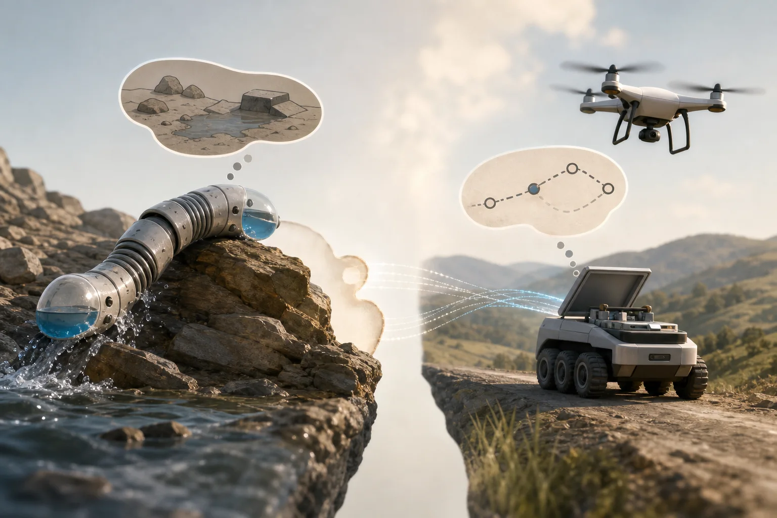AI-generated story-specific editorial illustration for Terrain Adaptation Has Two Bottlenecks: What a Robot Can Sense and What a Team Can Schedule.