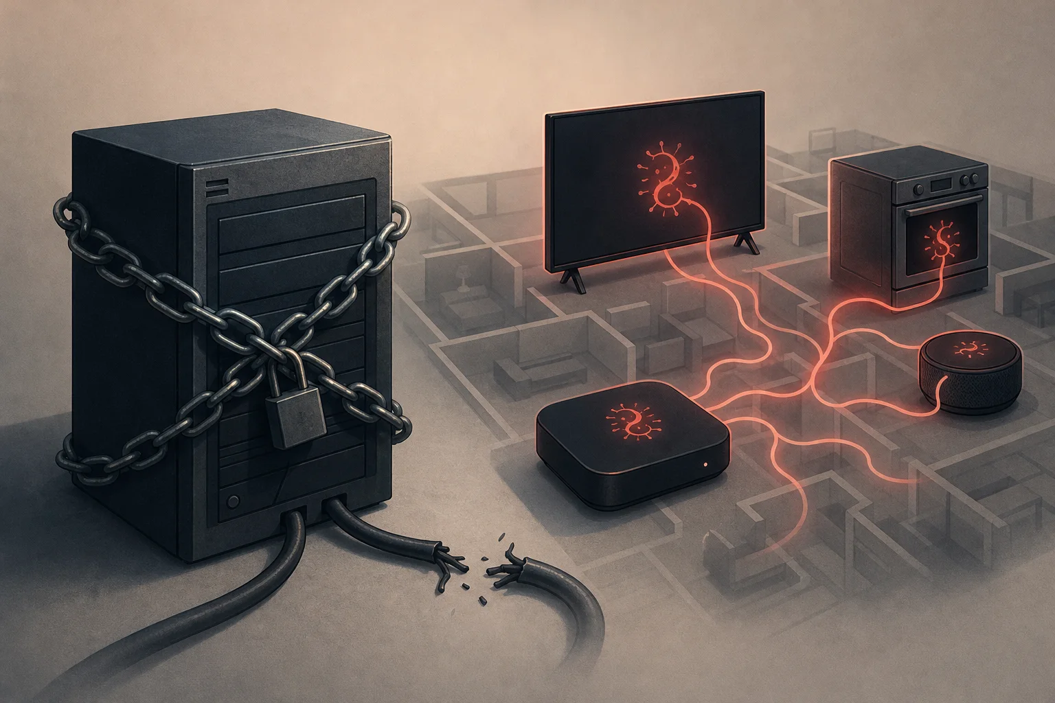 AI-generated story-specific editorial illustration for Anthropic’s IoT Replication Warning Shifts the AI Security Question From Model Containment to Device Recovery.