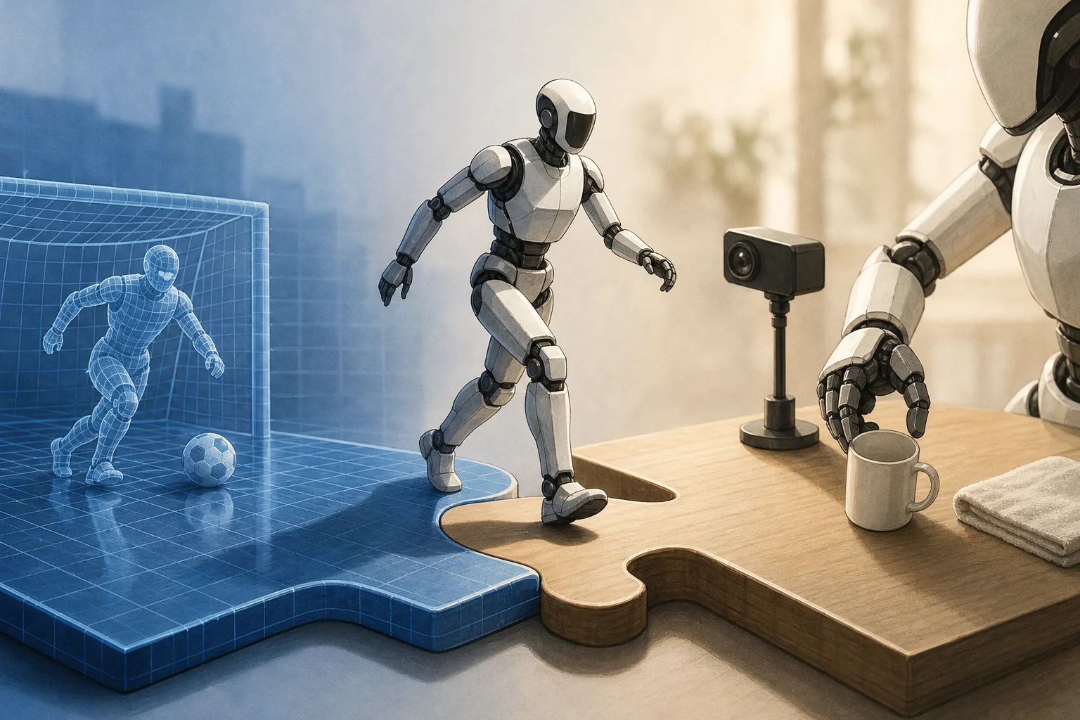 AI-generated story-specific editorial illustration for Robot learning’s scaling question: can simulated self-play and human video solve different halves of the problem?.