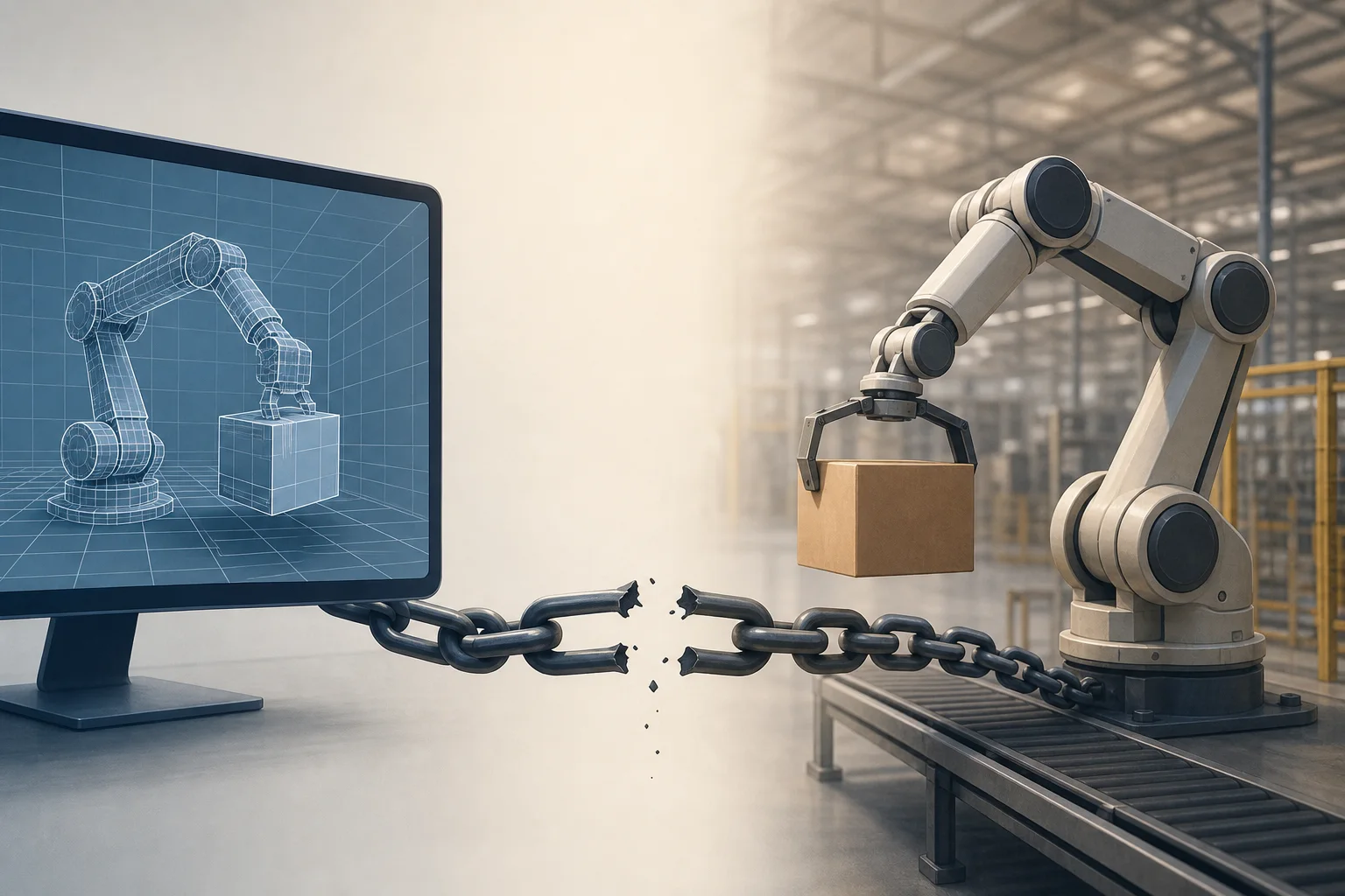 AI-generated story-specific editorial illustration for The Missing Link in Embodied AI Is Not Just Simulation—It Is Traceable Factory Feedback.