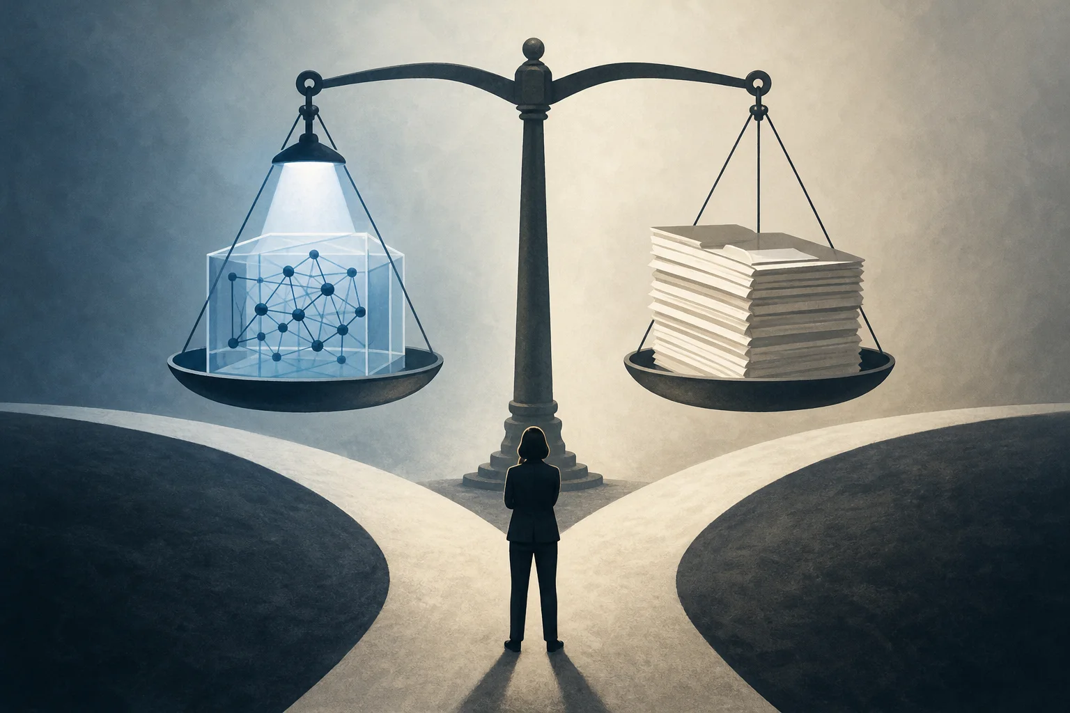 AI-generated story-specific editorial illustration for AI scrutiny is splitting between model access and compelled testimony.