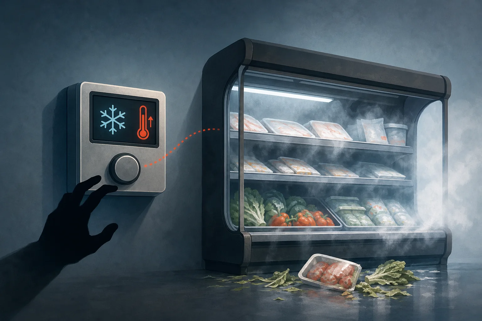 AI-generated story-specific editorial illustration for French supermarket attack turns refrigeration controls into a cold-chain risk.