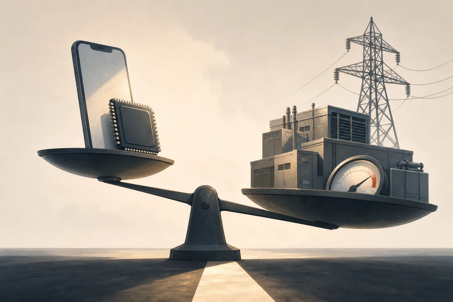 AI-generated story-specific editorial illustration for AI’s Infrastructure Bill Is Showing Up in Phones and Power Systems.
