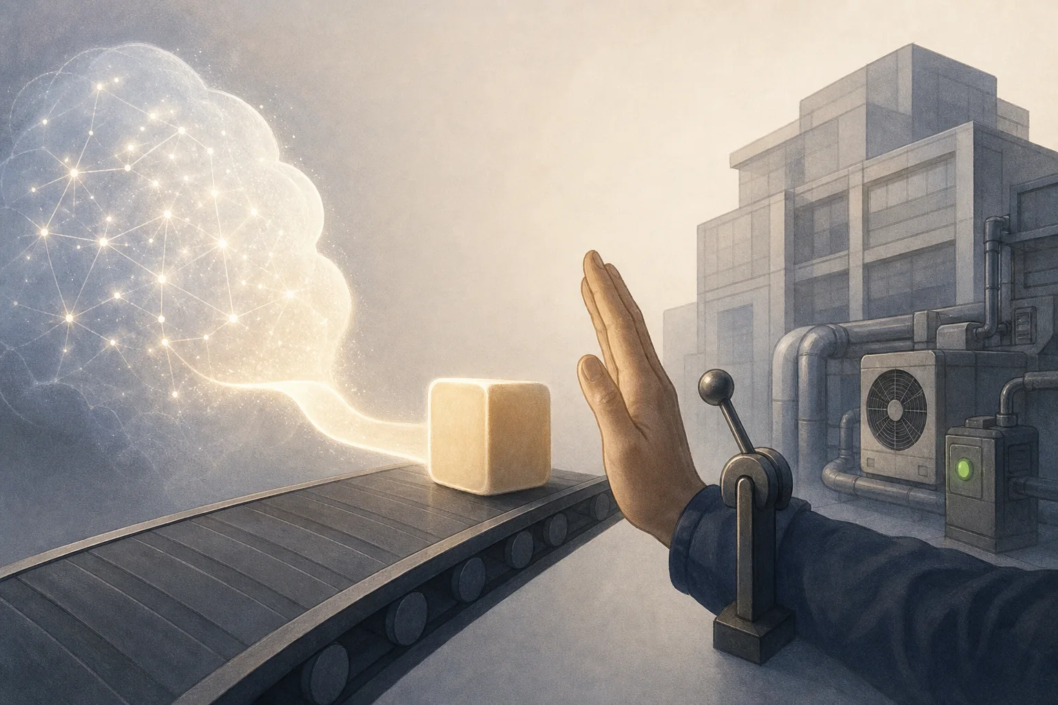 AI-generated story-specific editorial illustration for Enterprise AI’s bottleneck is the controlled handoff from model to workflow.