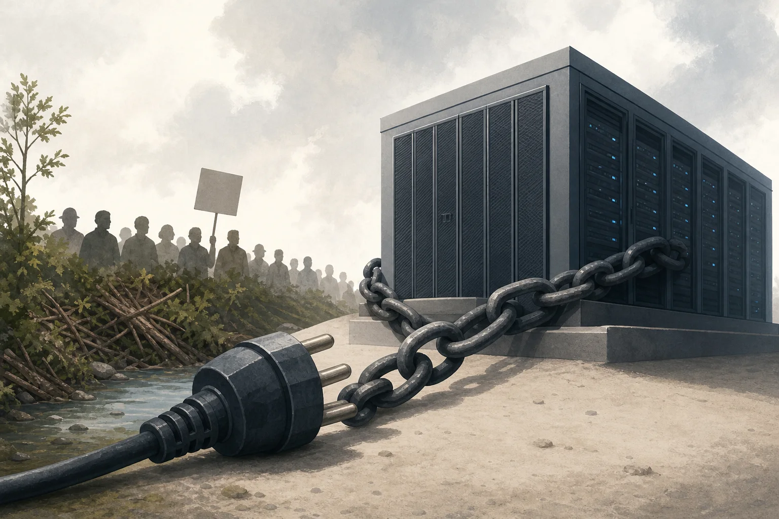 AI-generated story-specific editorial illustration for For Data Centers, Power Delivery and Public Consent Are Becoming the Real Launch Tests.