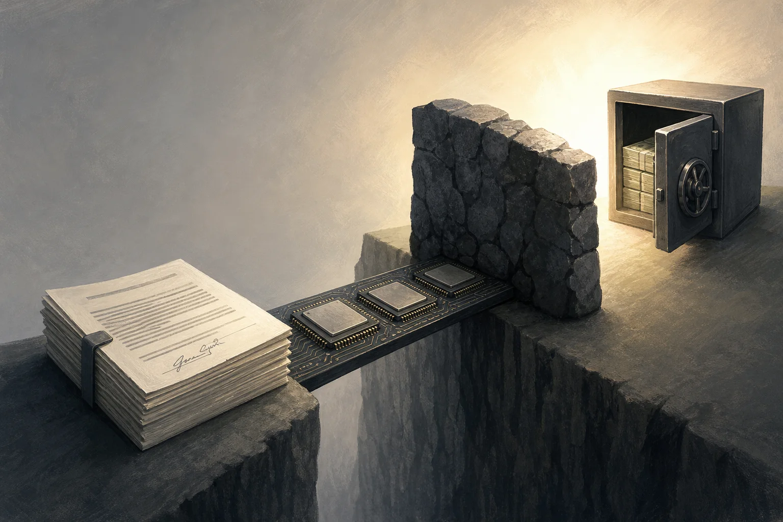 AI-generated story-specific editorial illustration for CoreWeave’s contracts face a harsher test: whether chip-constrained capacity can turn backlog into cash.