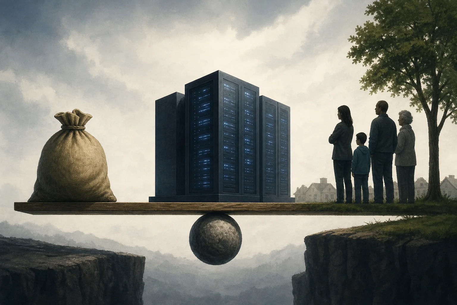 AI-generated story-specific editorial illustration for AI Compute’s Dual Constraint: Returns on Capital and Permission to Build.