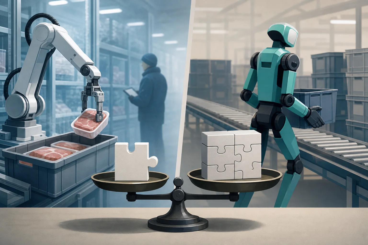 AI-generated story-specific editorial illustration for Specialized Picking Sets a Harder Baseline for Humanoids in Warehouse Automation.