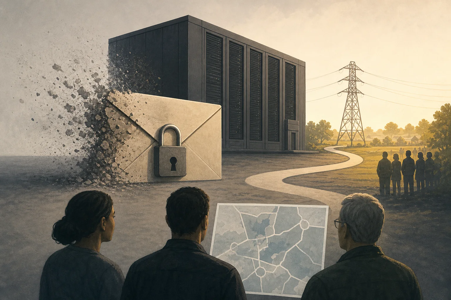 AI-generated story-specific editorial illustration for The Data-Center Siting Battle Is Moving From Secrecy to Grid Proof.