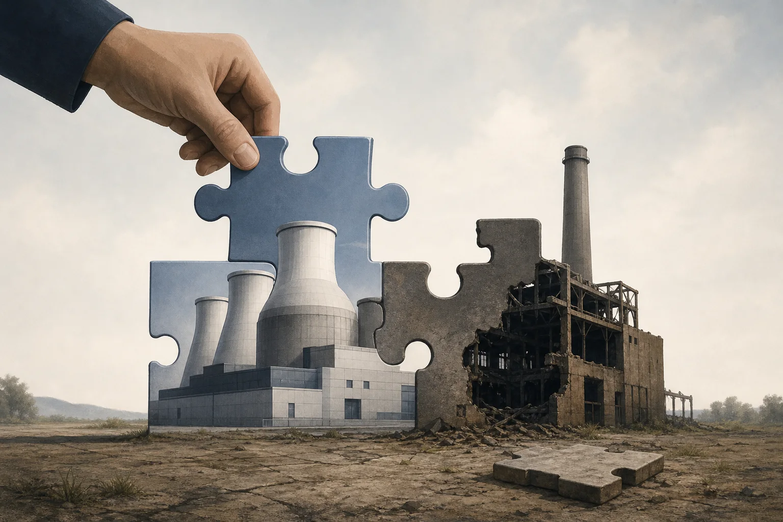 AI-generated story-specific editorial illustration for Amazon’s Indiana Nuclear Deal Changes the Buyer Model, Not the Build Risk.