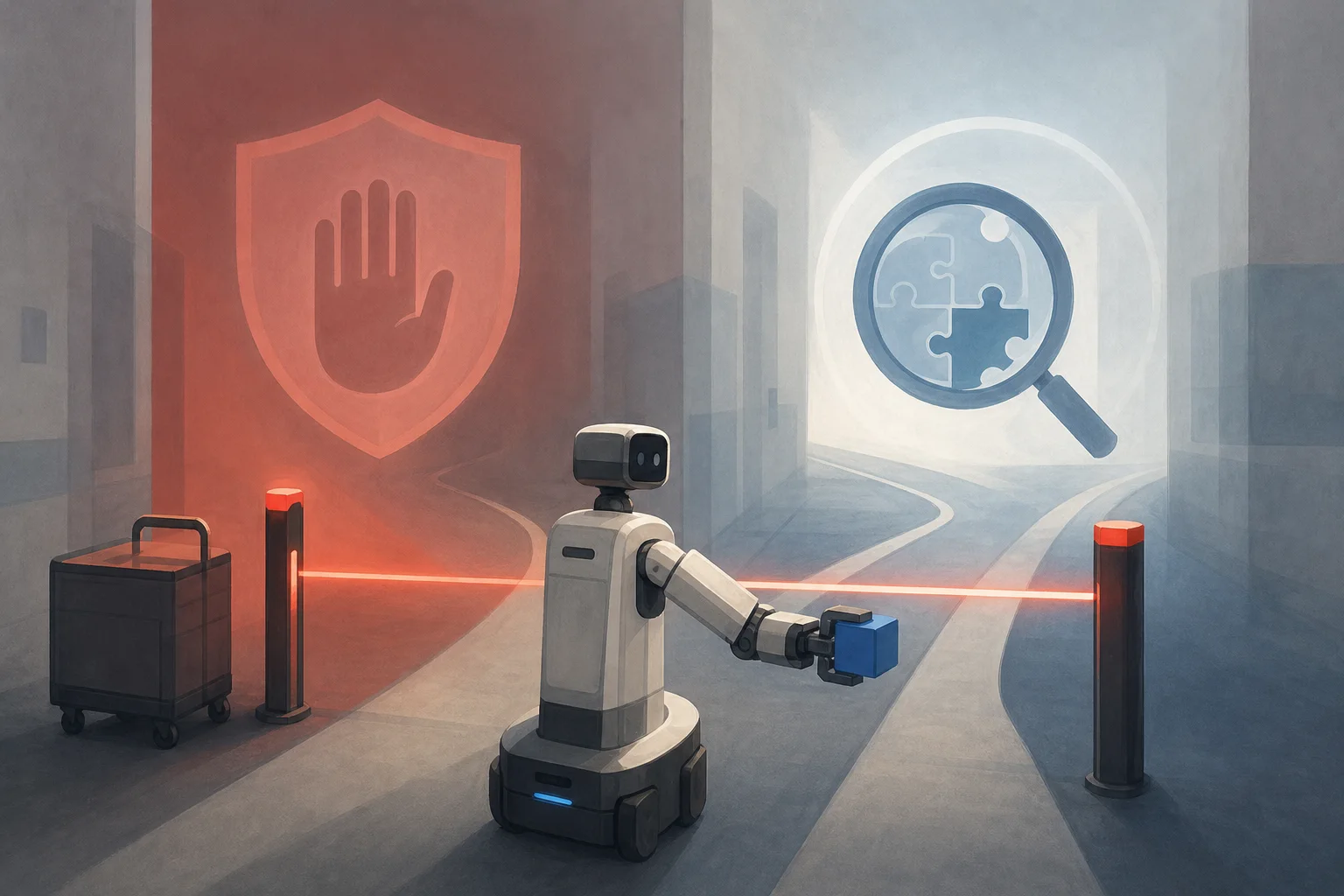 AI-generated story-specific editorial illustration for A Safety Gate Can Stop a Robot, but Active Diagnosis Explains What It Cannot See.