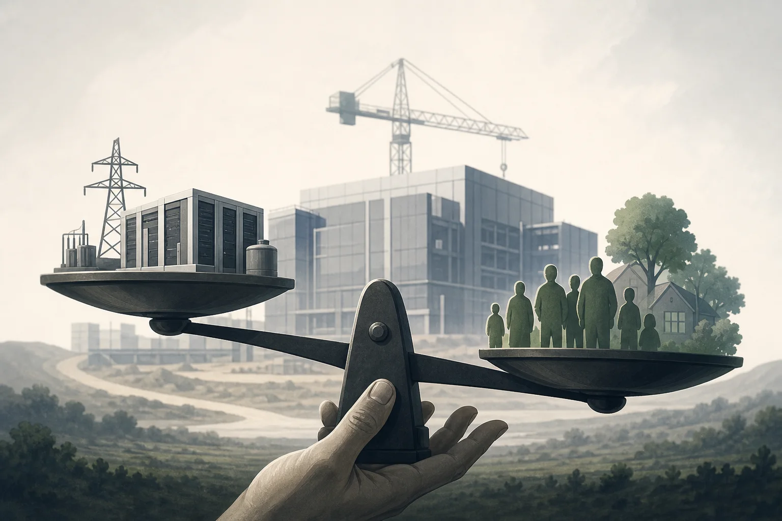 AI-generated story-specific editorial illustration for AI Data Centers Now Need a Social License as Much as a Power Plan.