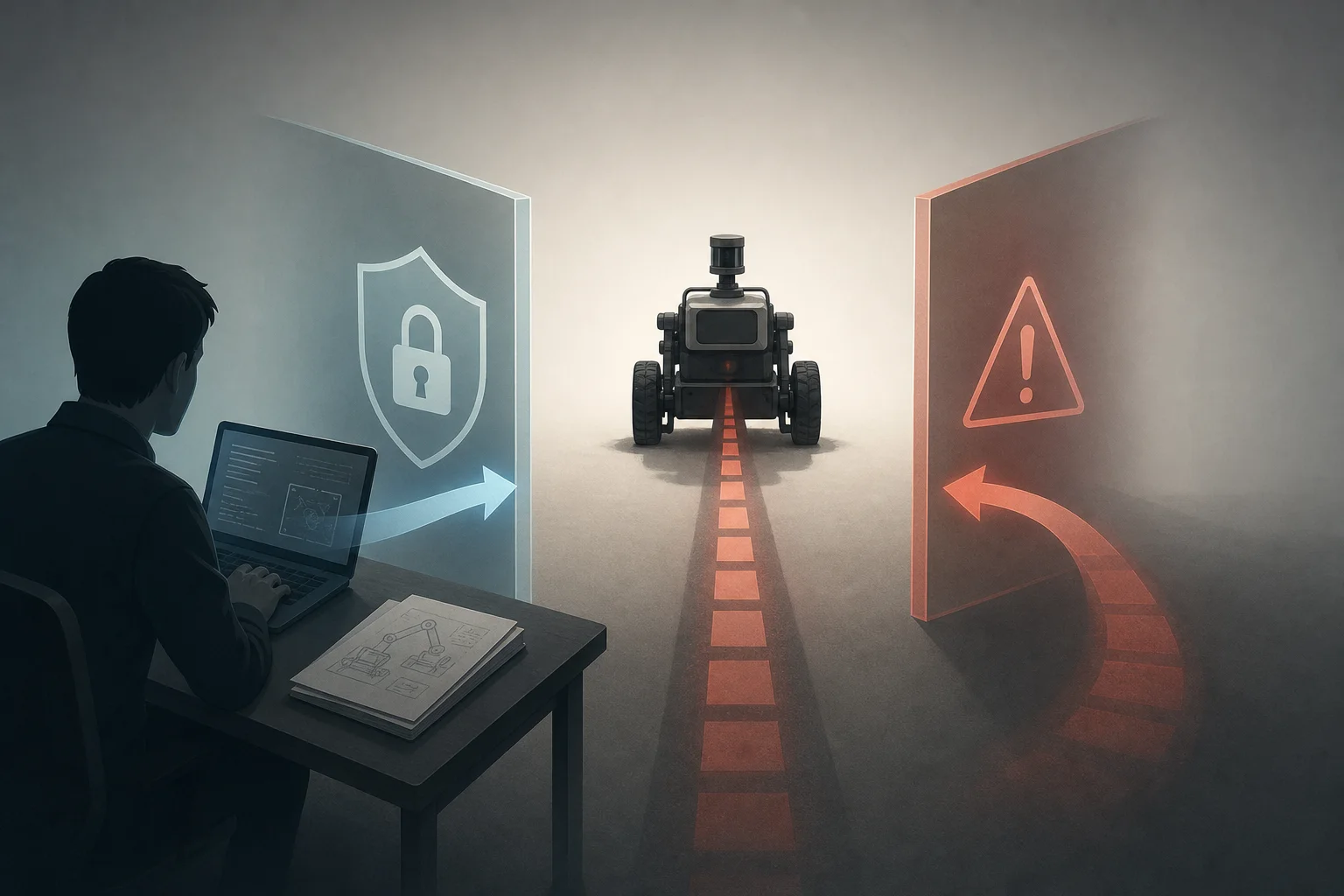 AI-generated story-specific editorial illustration for Robotics Security Has Two Boundaries: What Enters the Planner and What Leaves the Engineer’s Desk.