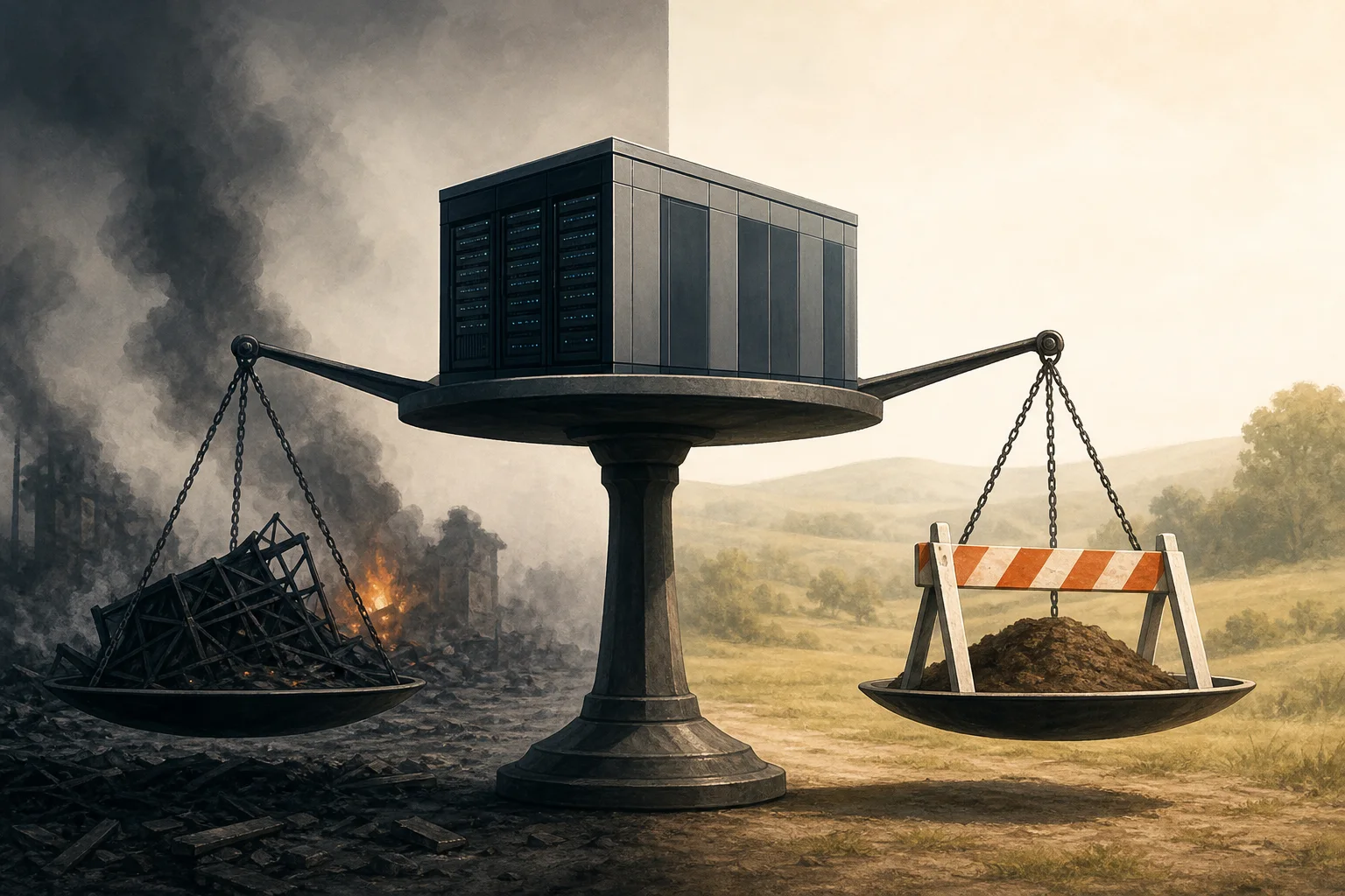 AI-generated story-specific editorial illustration for AI infrastructure’s twin test: surviving disruption and winning permission to build.