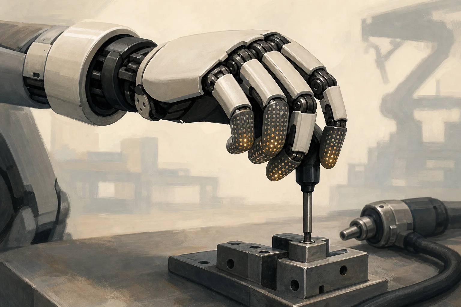 AI-generated story-specific editorial illustration for Atlas’s new hand makes a narrower bet on industrial dexterity.