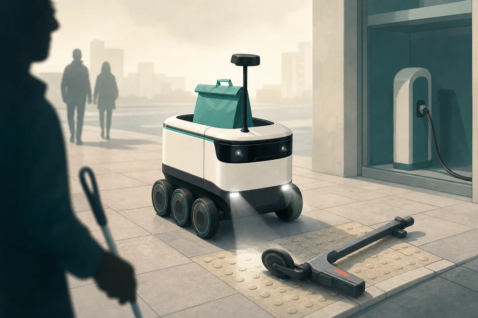 AI-generated story-specific editorial illustration for Deliveroo’s UK robot-delivery move makes pavement operations the product.