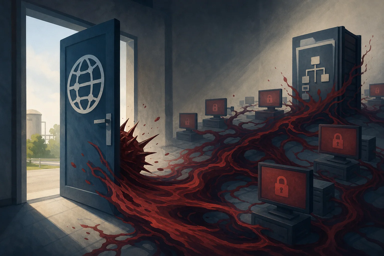 AI-generated story-specific editorial illustration for SharePoint Is the Door; Rapid Post-Compromise Execution Is the Critical-Infrastructure Test.