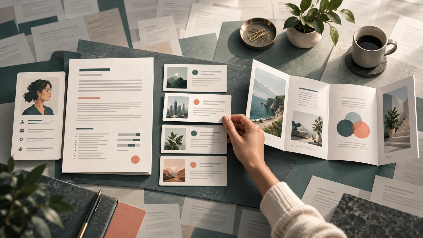 Conceptual AI-generated illustration of a profile card, a tailored resume, individualized response cards and a short presentation arranged by a human hand.