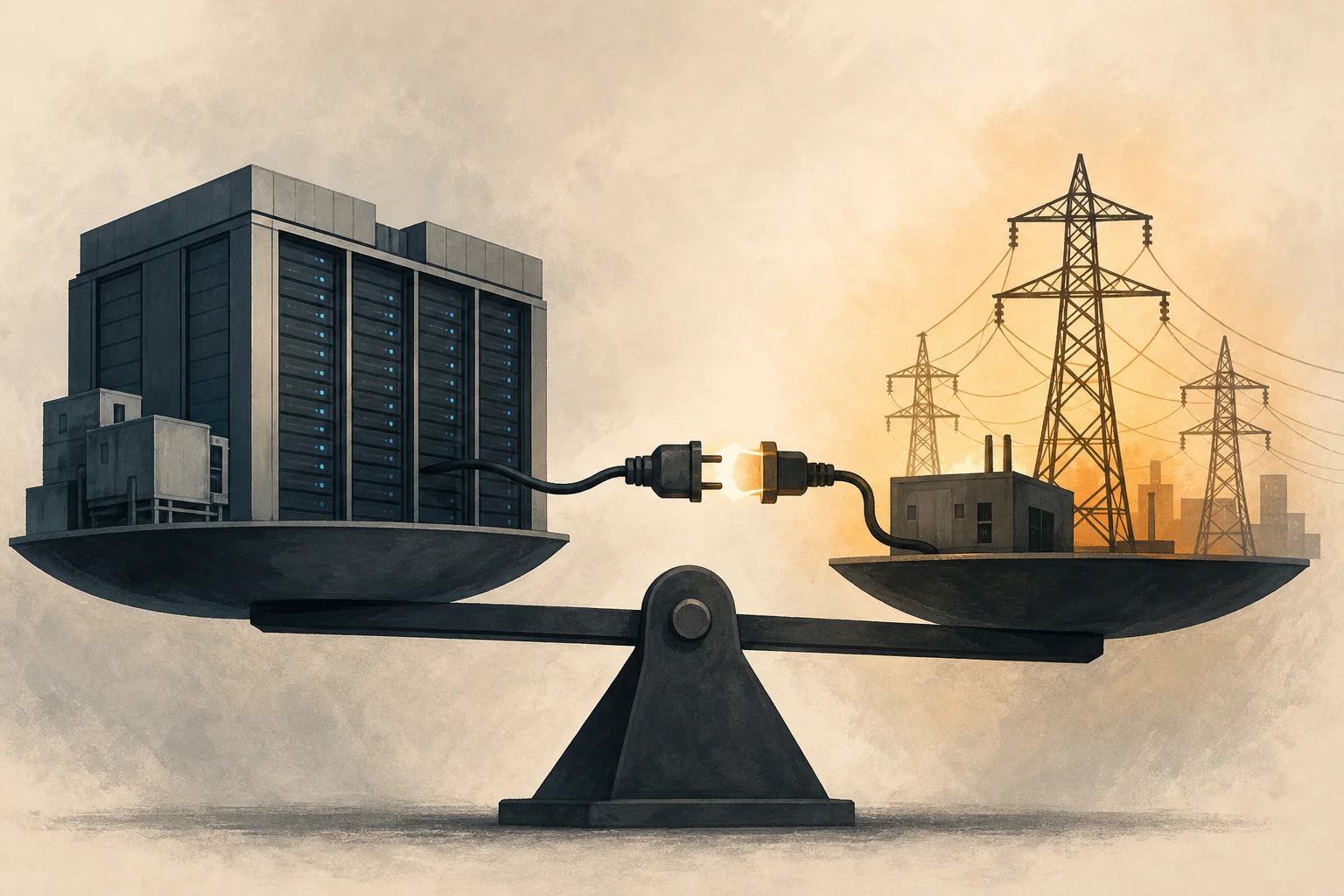 AI-generated story-specific editorial illustration for AI Power’s Next Fight Is Over Who Pays for a Grid That Private Generation Still Needs.