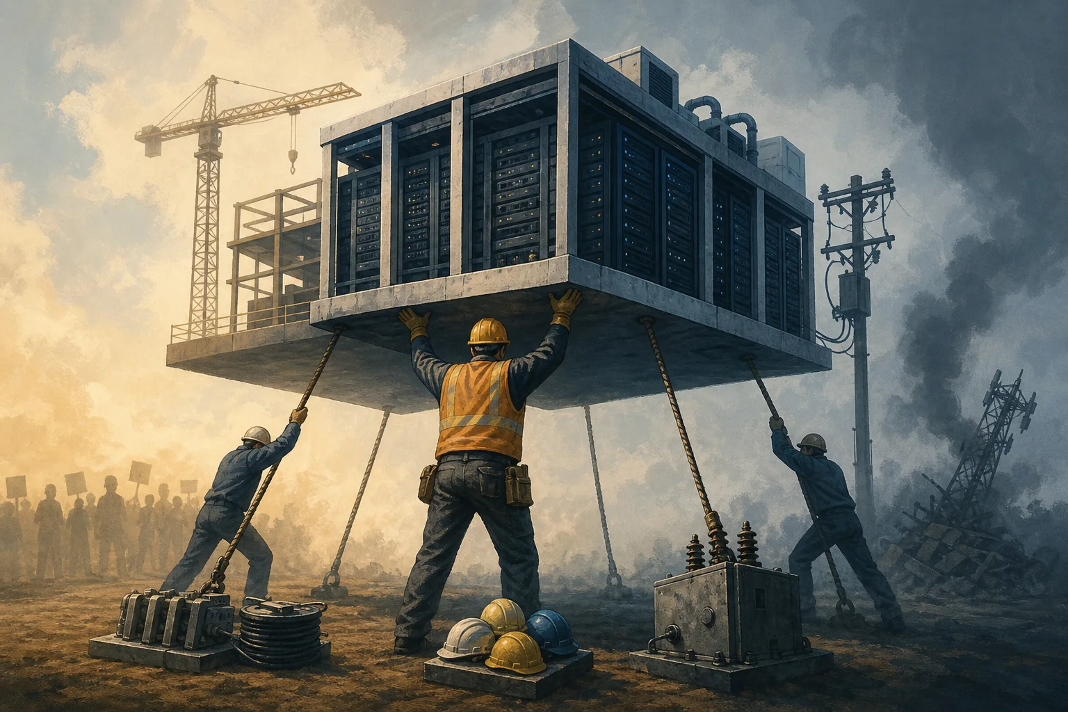 AI-generated story-specific editorial illustration for AI’s physical economy creates jobs—but its dependencies are becoming the real constraint.