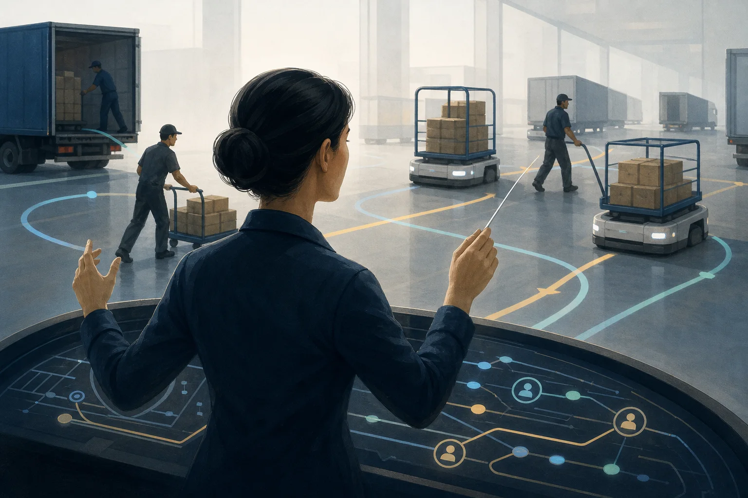 AI-generated story-specific editorial illustration for Warehouse automation’s control plane matters more than the robot count.