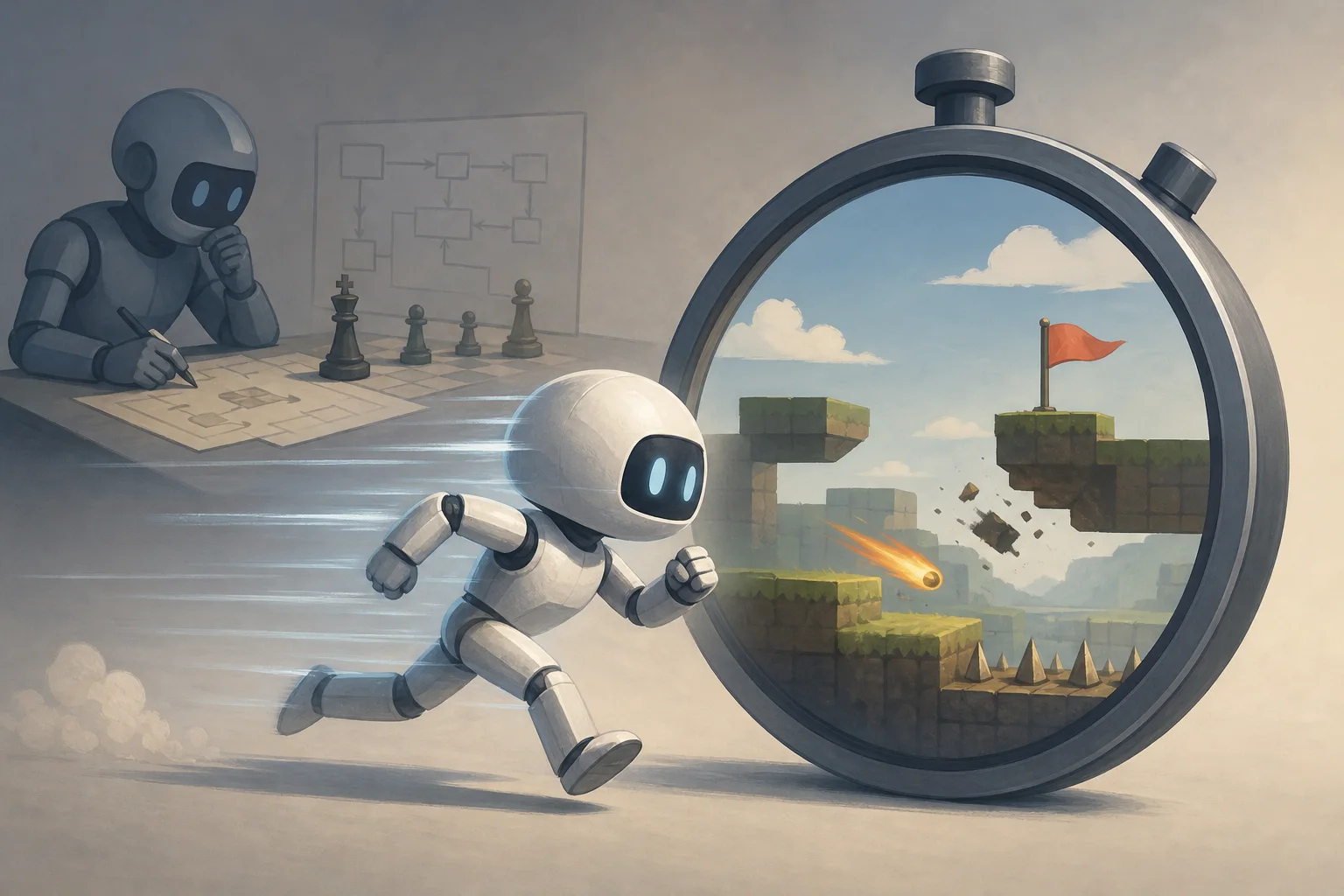 AI-generated story-specific editorial illustration for Jev’s adoption advantage meets a live-clock test.