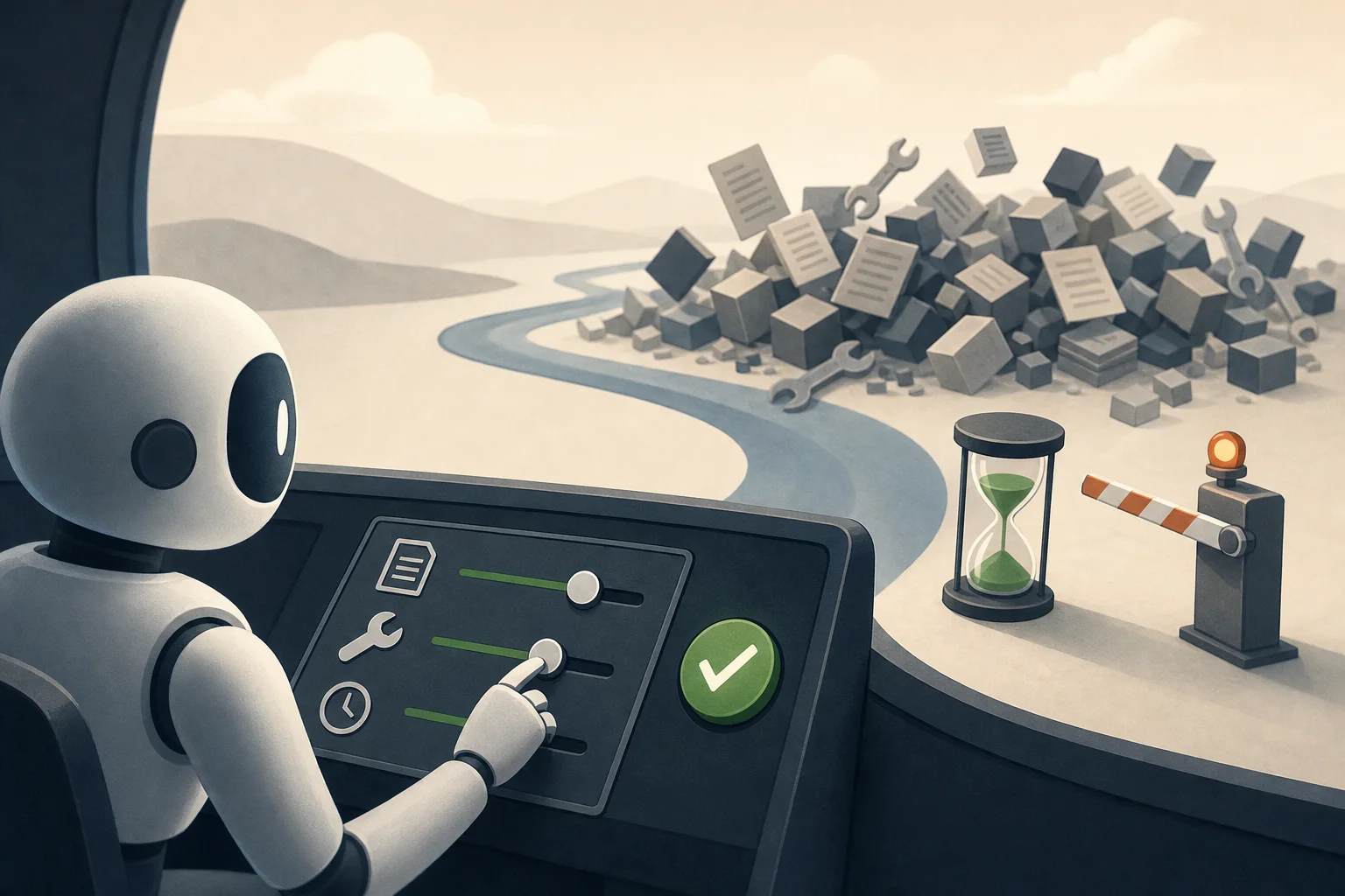 AI-generated story-specific editorial illustration for Production Agents Need More Than a Better Model: They Need a Control Plane for Context, Tools and Time.