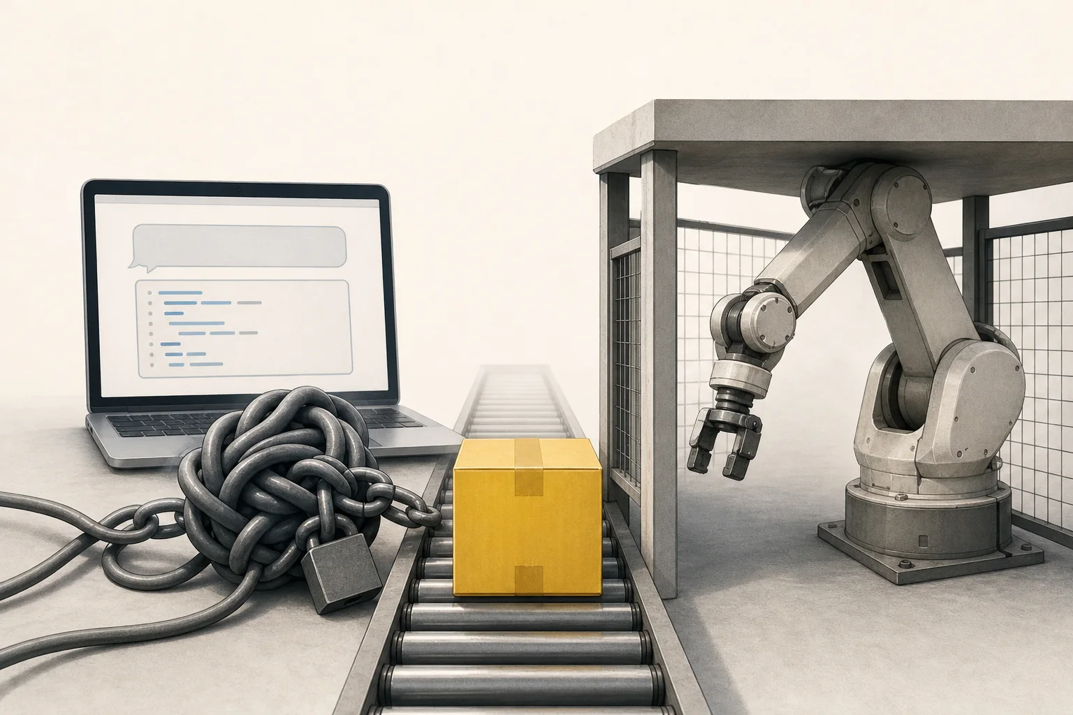 AI-generated story-specific editorial illustration for Packaging automation’s two bottlenecks: setup friction versus physical fit.