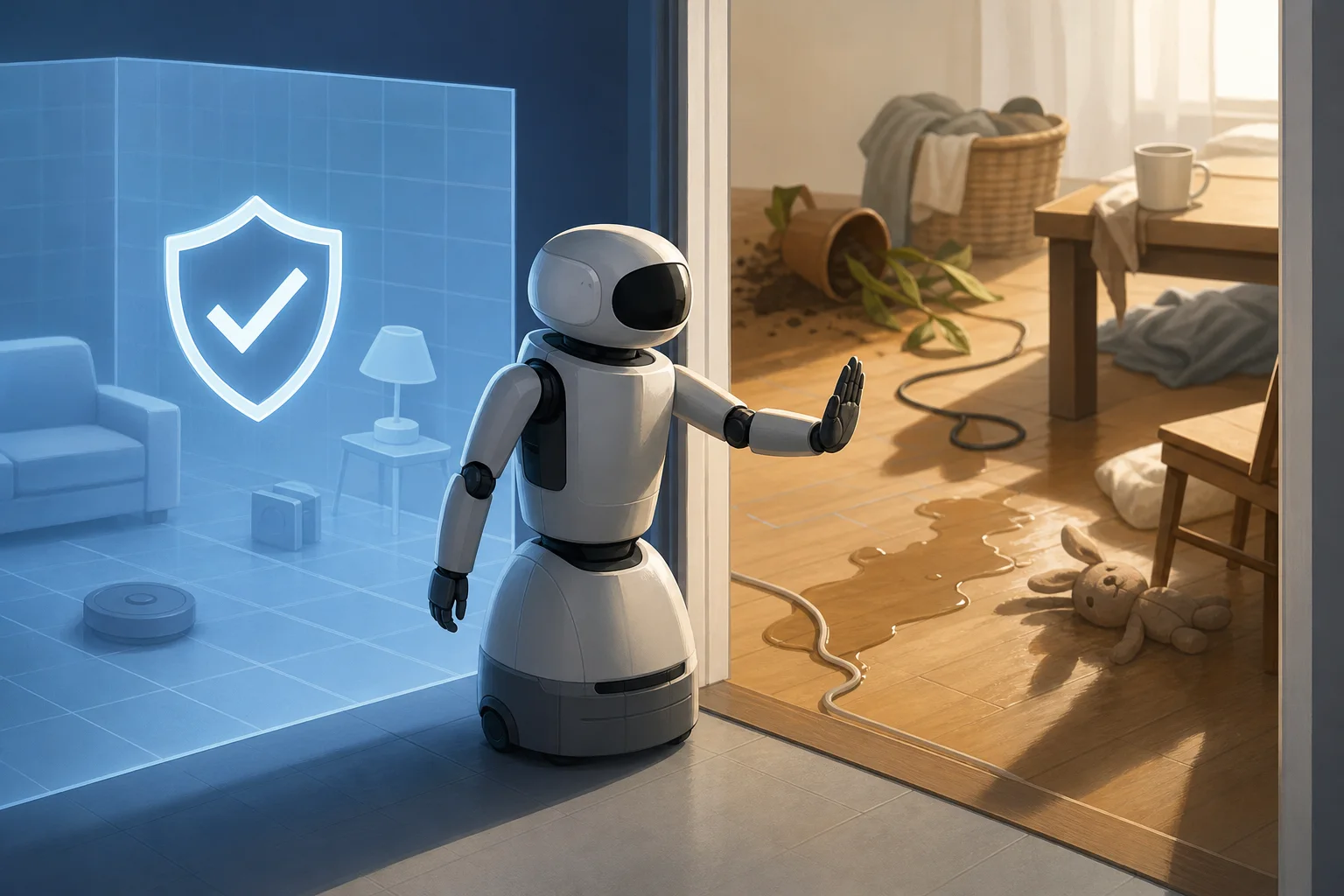 AI-generated story-specific editorial illustration for A Stress Test Is Not a Recovery Plan for Household Robots.